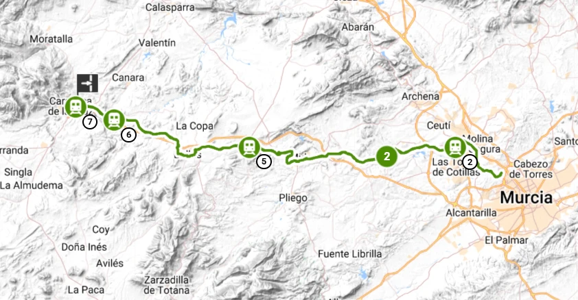 Mapa de la Vía Verde del Noroeste entre Murcia y Caravaca de la Cruz
